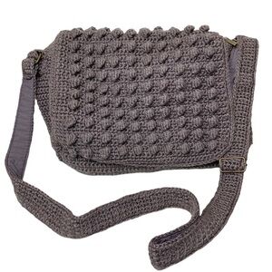 SIMONS Gray Knit Crossbody Bag Pom Pom Ajustable Shoulder Strap Zippered Tote